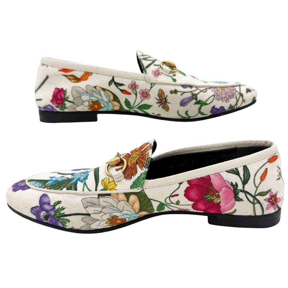 Gucci Jordaan Horsebit Loafer Cream White Floral Canvas Size 37 US 7 Flat Shoe - Picture 10 of 15